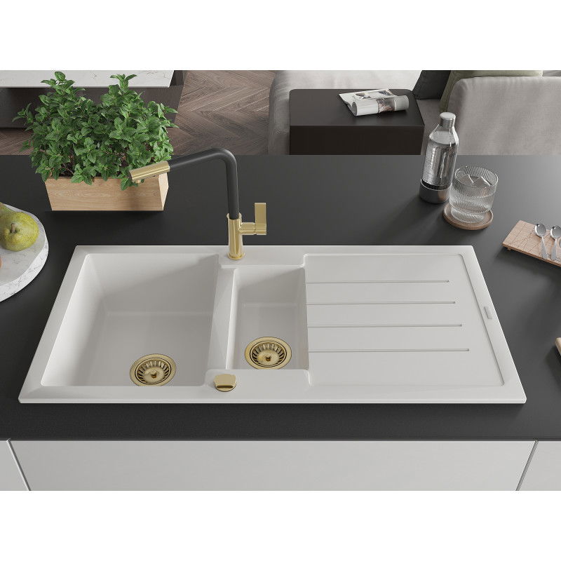 Mexen Andres granitinis plautuvės 1,5 skylių su nusausikliu ir virtuvės maišytuvu Flora, balta - 6515-20-670401-57-G