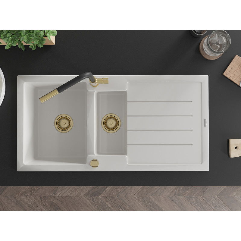 Mexen Andres granitinis plautuvės 1,5 skylių su nusausikliu ir virtuvės maišytuvu Flora, balta - 6515-20-670401-57-G