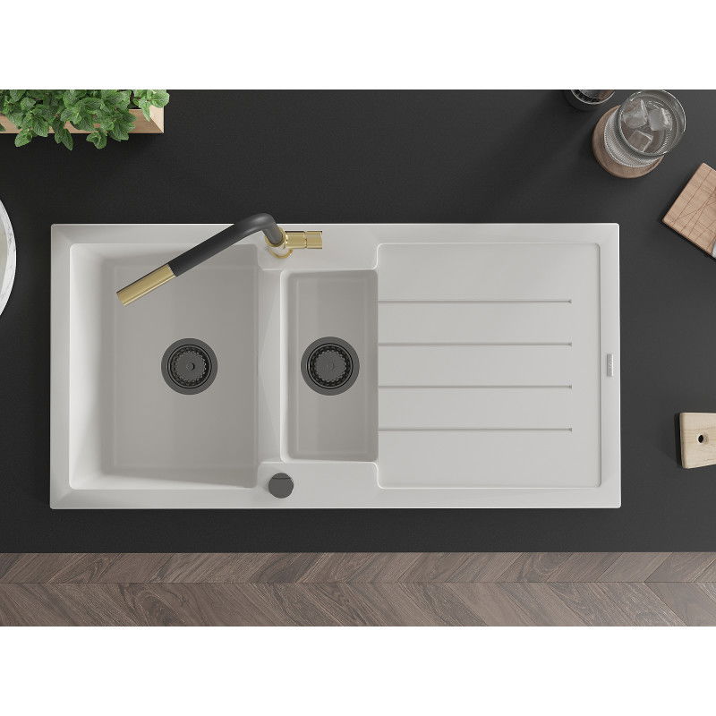 Mexen Andres granitinis 1,5 skylių kriauklė su nusausintuvu ir Flora virtuviniu maišytuvu, baltas - 6515-20-670401-57-B