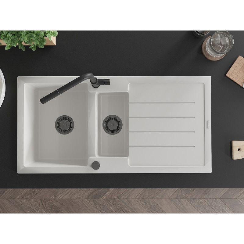 Mexen Andres granitinis plautuvė 1,5 kamerų su nutekėjimu ir virtuvės maišytuvu Flora, balta - 6515-20-670401-70-B