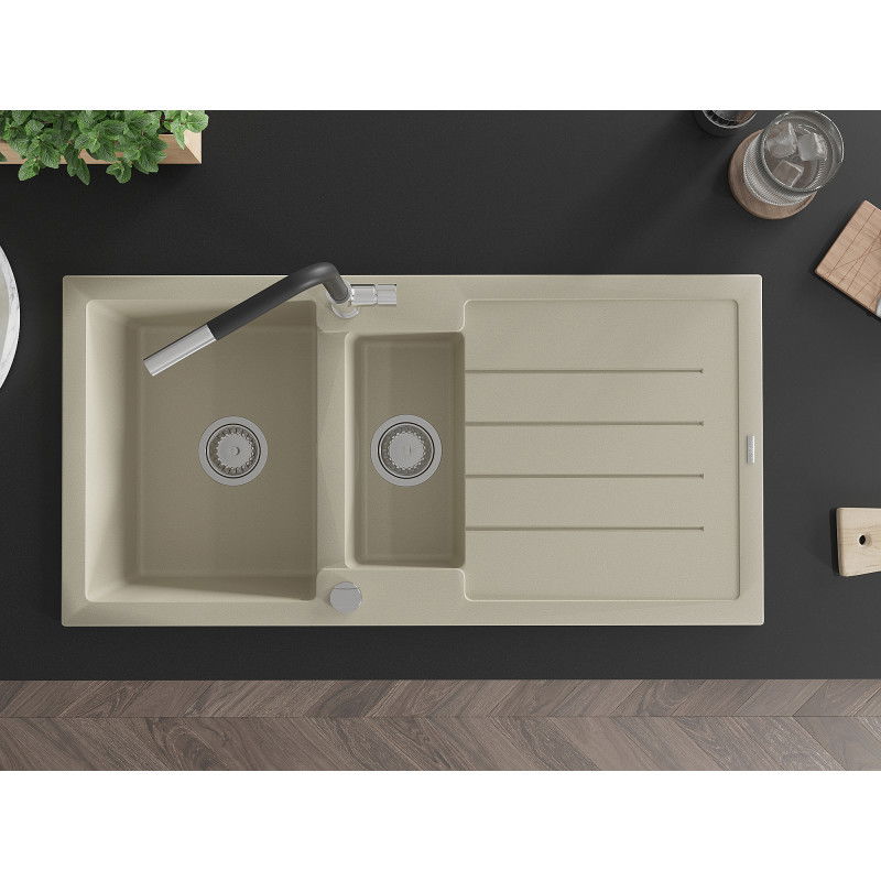 Mexen Andres granitinė 1,5 kamerų plautuvė su nuvarvėjimo paviršiumi ir virtuviniu maišytuvu Flora, smėlinė - 6515-69-670401-07