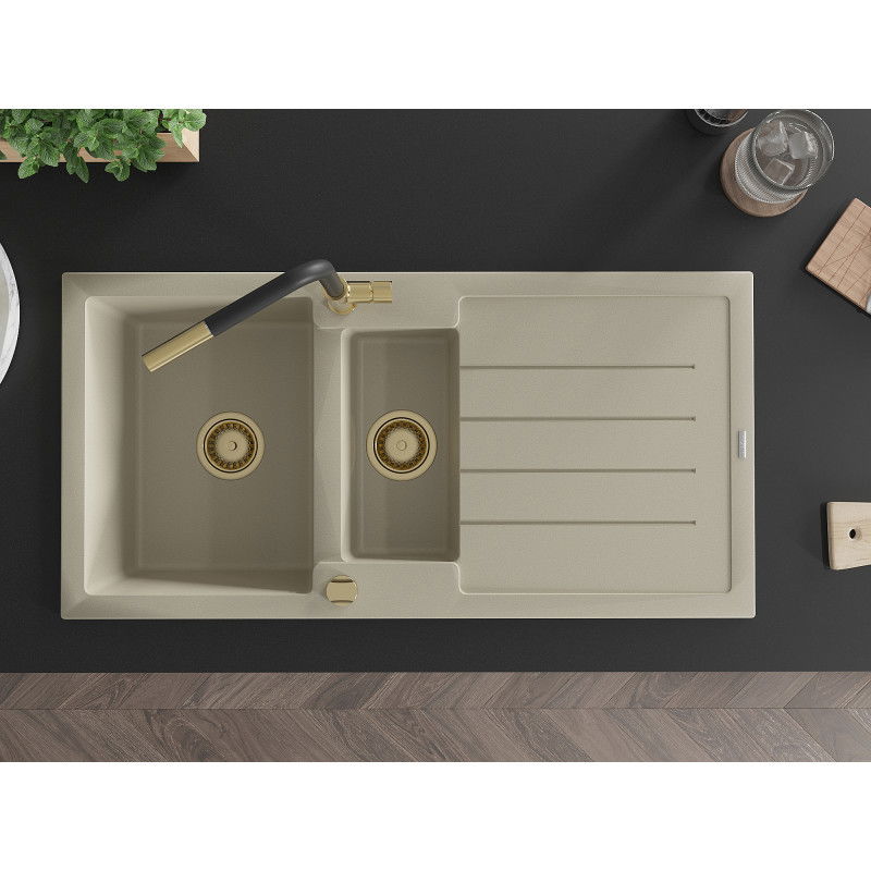 Mexen Andres granitinė 1,5 kamerų virtuvės kriauklė su nusausindama ir Flora maišytuvu, smėlio spalvos