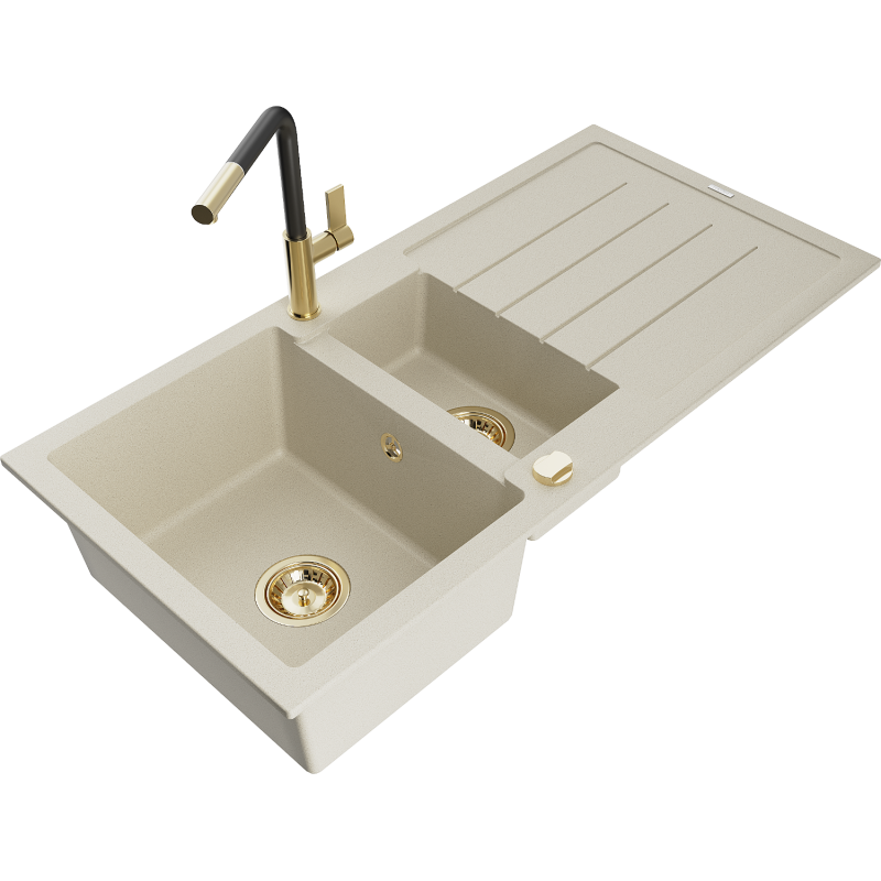 Mexen Andres granitinė 1,5 kamerų virtuvės kriauklė su nusausindama ir Flora maišytuvu, smėlio spalvos