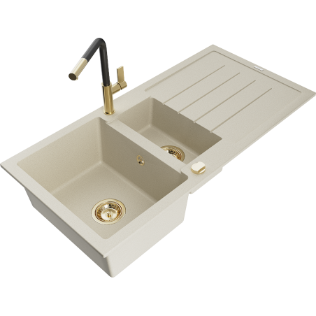 Mexen Andres granitinė 1,5 kamerų virtuvės kriauklė su nusausindama ir Flora maišytuvu, smėlio spalvos