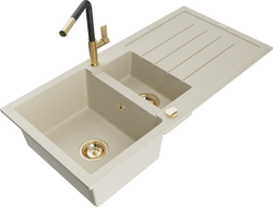 Mexen Andres granitinė 1,5 kamerų virtuvės kriauklė su nusausindama ir Flora maišytuvu, smėlio spalvos