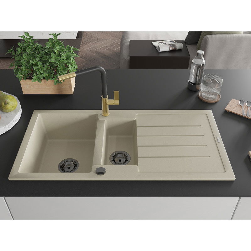 Mexen Andres granitinė 1,5 skyrių kriauklė su nusausintuvu ir virtuviniu maišytuvu Flora, smėlinė - 6515-69-670401-57-B