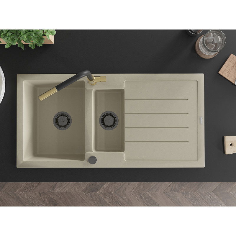 Mexen Andres granitinė 1,5 skyrių kriauklė su nusausintuvu ir virtuviniu maišytuvu Flora, smėlinė - 6515-69-670401-57-B