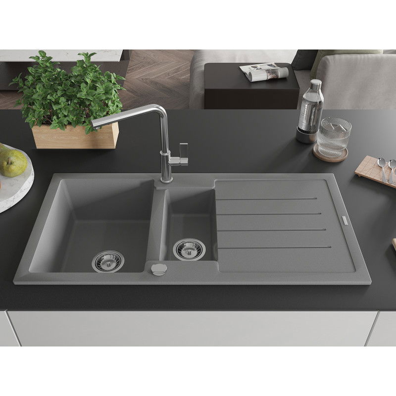 Mexen Andres 1,5 skylių granitinė kriauklė su drenažu ir virtuviniu maišytuvu Flora, pilka - 6515-71-670401-00
