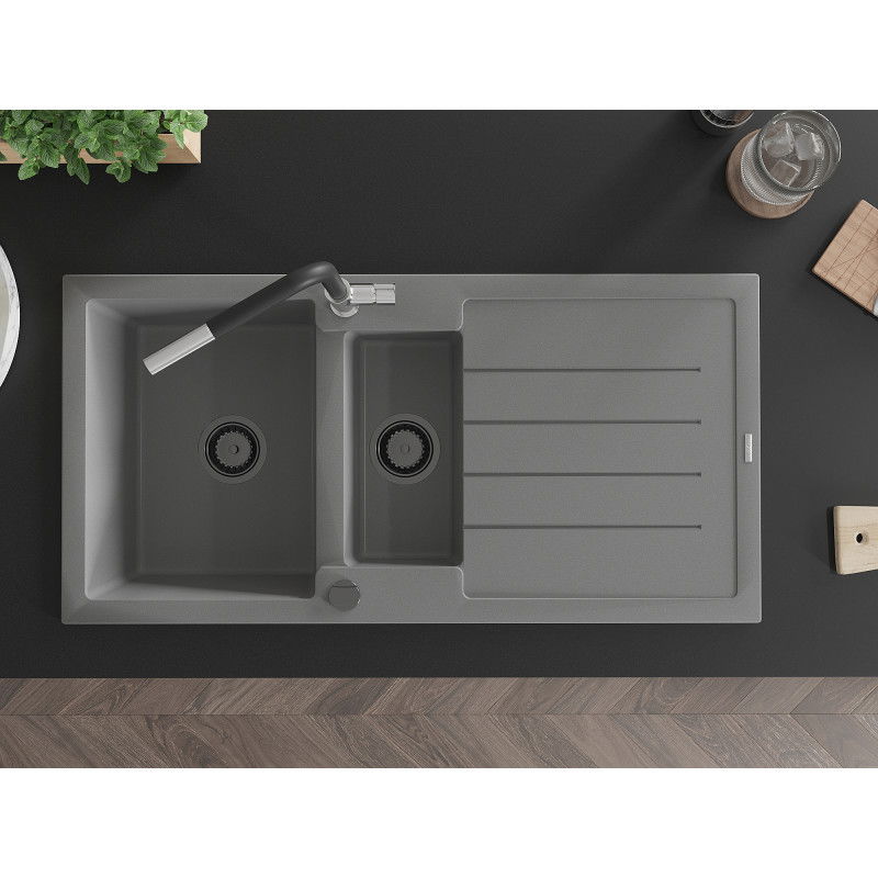 Mexen Andres granitinė 1,5 kamerų kriauklė su nuvarvėjimo paviršiumi ir virtuviniu maišytuvu Flora, pilka - 6515-71-670401-07-B