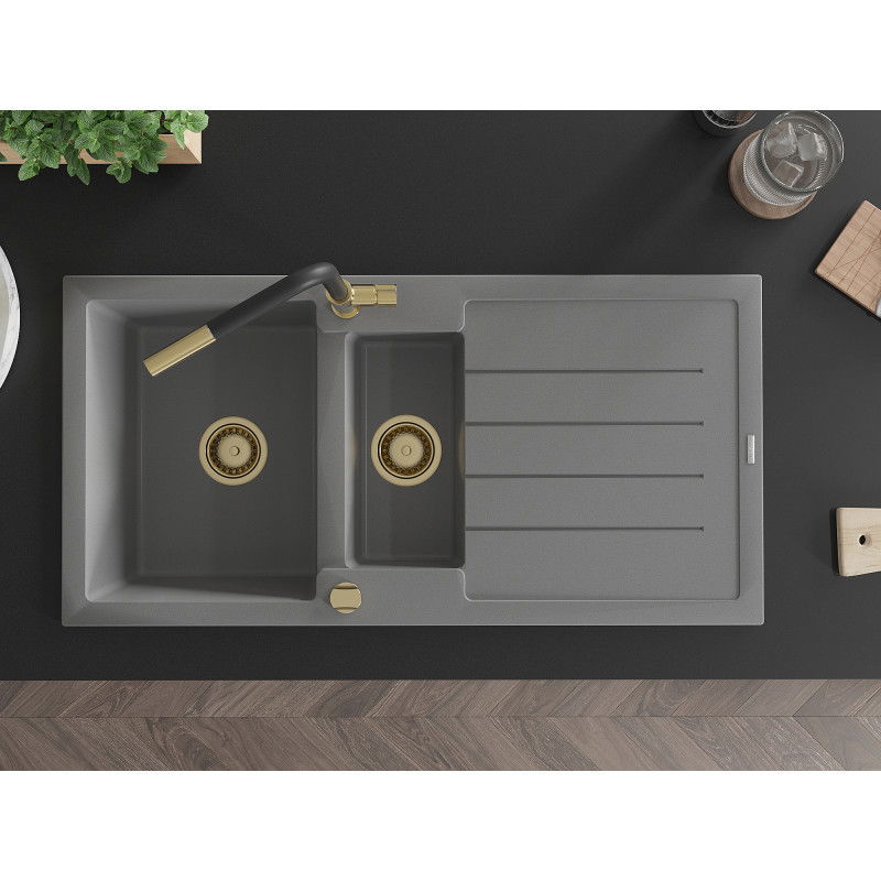 Mexen Andres granitinis 1,5 kamerų kriauklė su nutekėjimo lentyna ir virtuviniu čiaupu Flora, pilka - 6515-71-670401-57-G