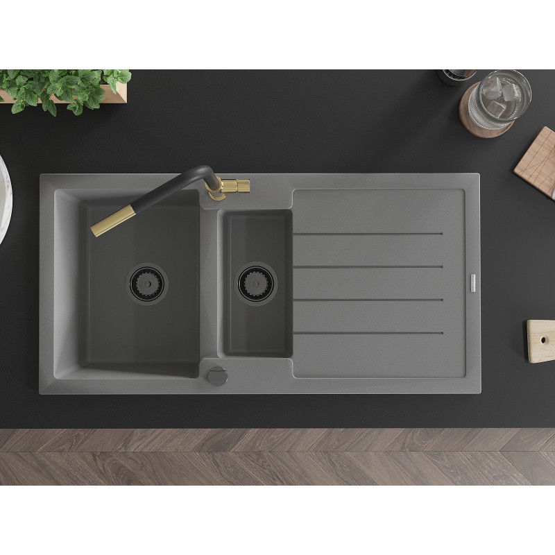 Mexen Andres granitinė 1,5 kamerų plautuvė su nusausintuvu ir virtuviniu maišytuvu Flora, pilka - 6515-71-670401-57-B