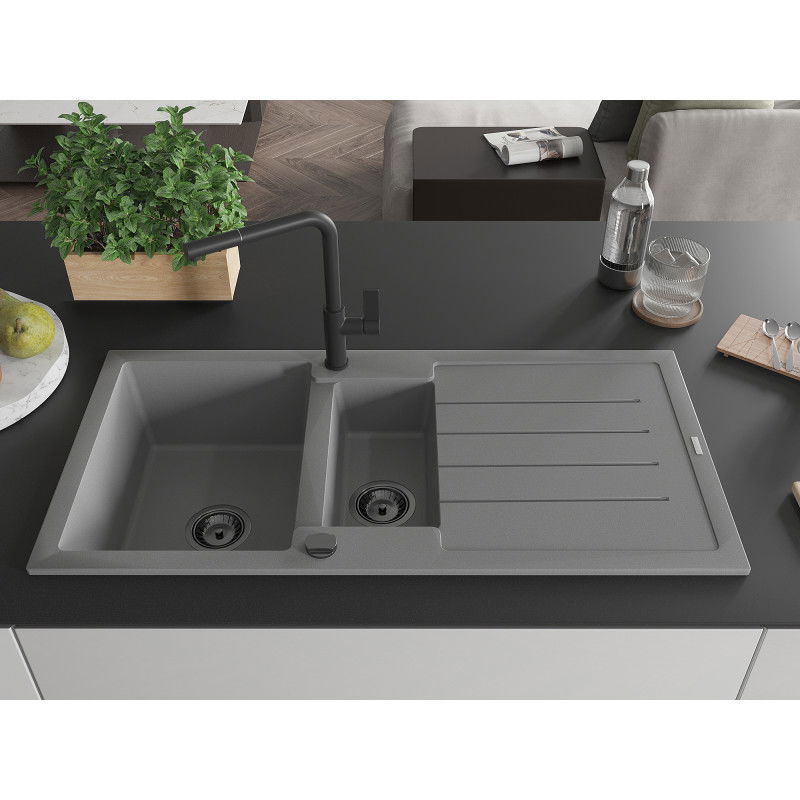 Mexen Andres granito plautuvė 1,5 jų skyrių su nutekėjimo išvade ir virtuvės maišytuvu Flora, pilka - 6515-71-670401-70-B