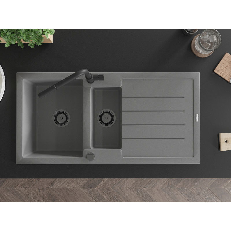 Mexen Andres granito plautuvė 1,5 jų skyrių su nutekėjimo išvade ir virtuvės maišytuvu Flora, pilka - 6515-71-670401-70-B