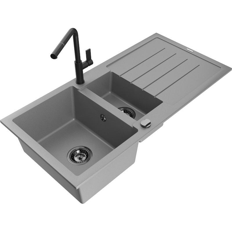 Mexen Andres granito plautuvė 1,5 jų skyrių su nutekėjimo išvade ir virtuvės maišytuvu Flora, pilka - 6515-71-670401-70-B