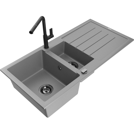 Mexen Andres granito plautuvė 1,5 jų skyrių su nutekėjimo išvade ir virtuvės maišytuvu Flora, pilka - 6515-71-670401-70-B