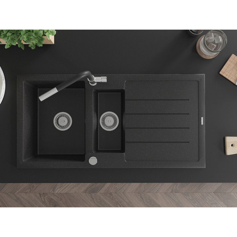 Mexen Andres granitinis 1,5 kamerų plautuvas su nutekėjimu ir virtuviniu maišytuvu Flora, juoda/sidabrinė - 6515-73-670401-07