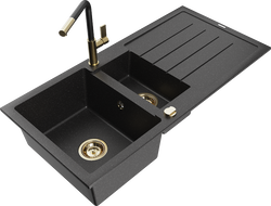 Mexen Andres dviejų skyrių granitinė plautuvė su džiovykla ir virtuviniu maišytuvu Flora, juoda/sidabrinė - 6515-73-670401-57-G