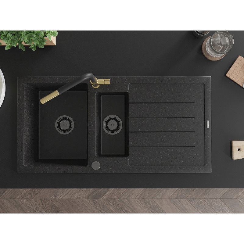 Mexen Andres granitinė 1,5 skyrių kriauklė su nusausinimo staleliu ir virtuvės maišytuvu Flora, juoda/sidabrinė