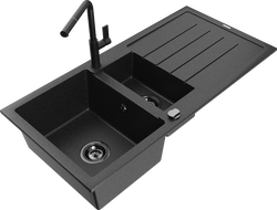 Mexen Andres granito plautuvė 1,5 skyrių su drenažu ir virtuviniu maišytuvu Flora, juoda/sidabrinė - 6515-73-670401-70-B