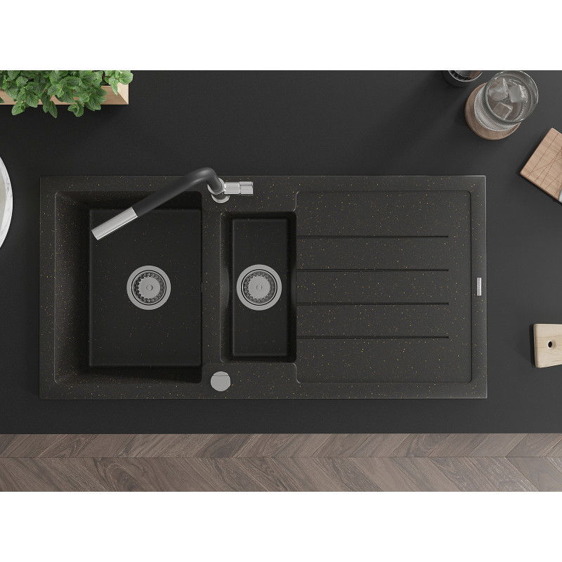 Mexen Andres granitinė 1,5 kamerų plautuvė su nusausintuvu ir virtuviniu maišytuvu Flora, juoda/auksinė metalika