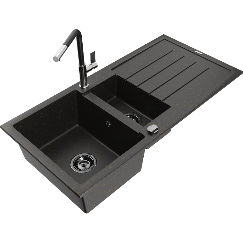 Mexen Andres granitinė 1,5 skyliapos kriauklė su nusausintuvu ir virtuviniu Flora maišytuvu, juoda/auksinė