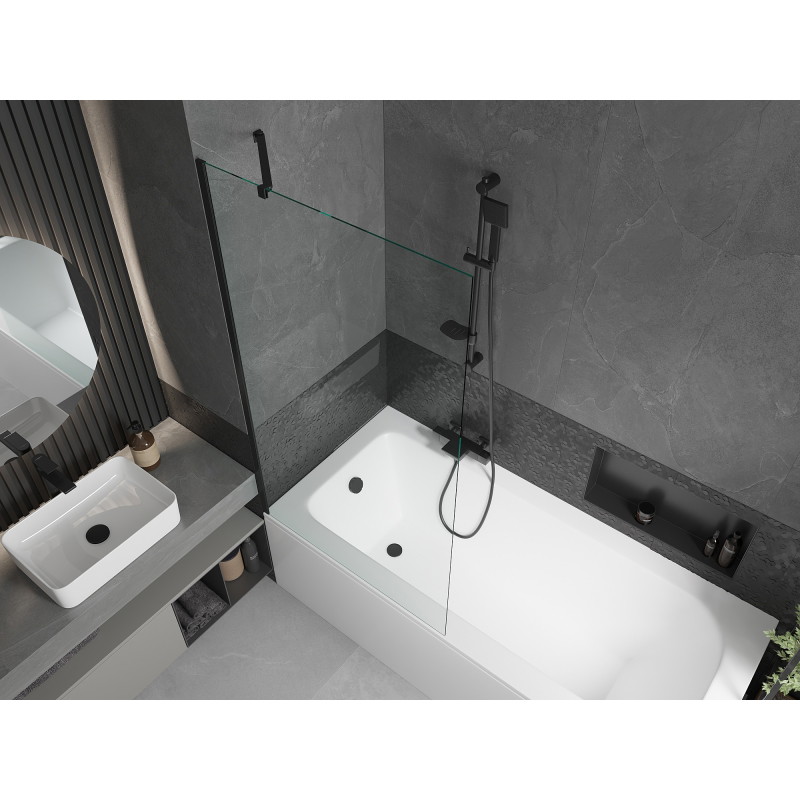 Mexen Vega stačiakampė vonia 180 x 80 cm su apdaila ir 1-sparno pertvara 90 cm, skaidrus, juodas - 550118080X9509000070