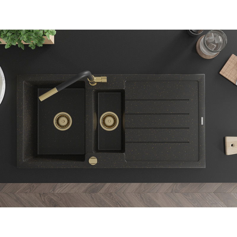 Mexen Andres granitinė plautuvė 1,5 dubenų su drenažu ir virtuviniu maišytuvu Flora, juoda/auksinė - 6515-75-670401-57-G