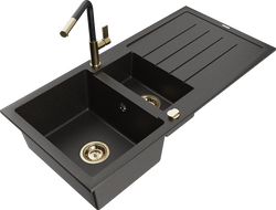 Mexen Andres granitinė plautuvė 1,5 dubenų su drenažu ir virtuviniu maišytuvu Flora, juoda/auksinė - 6515-75-670401-57-G
