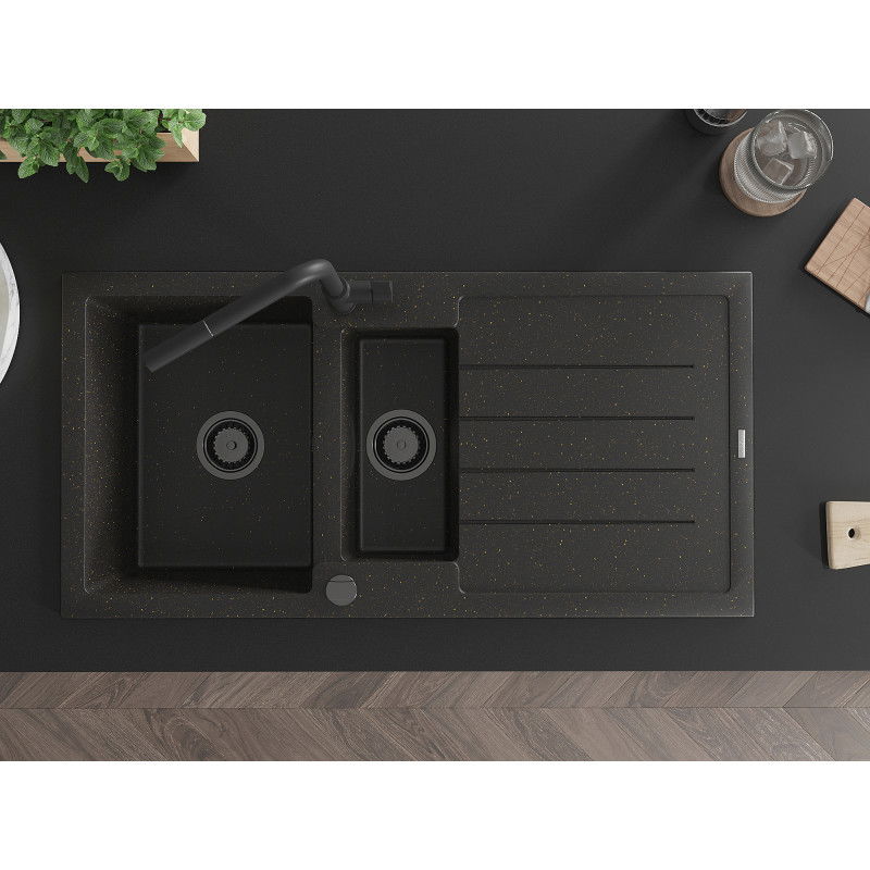 Mexen Andres grindinis akmens plautuvas su 1,5 kameromis ir nusausinimo plokšte bei virtuviniu maišytuvu Flora,