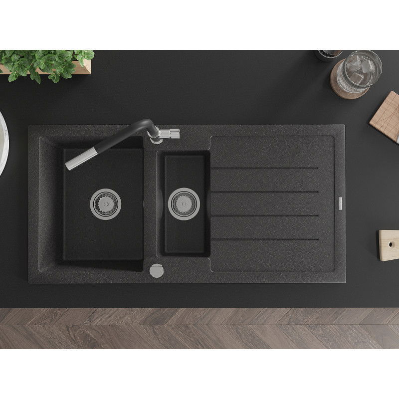 Mexen Andres granitinis 1,5 skylių plautuvė su drenažu ir virtuviniu maišytuvu Flora, juoda dėmėta - 6515-76-670401-07