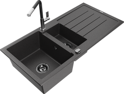 Mexen Andres 1,5 kamerų granitinė kriauklė su nusausintuvu ir Flora virtuvės maišytuvu, juoda su taškuotu paviršiumi