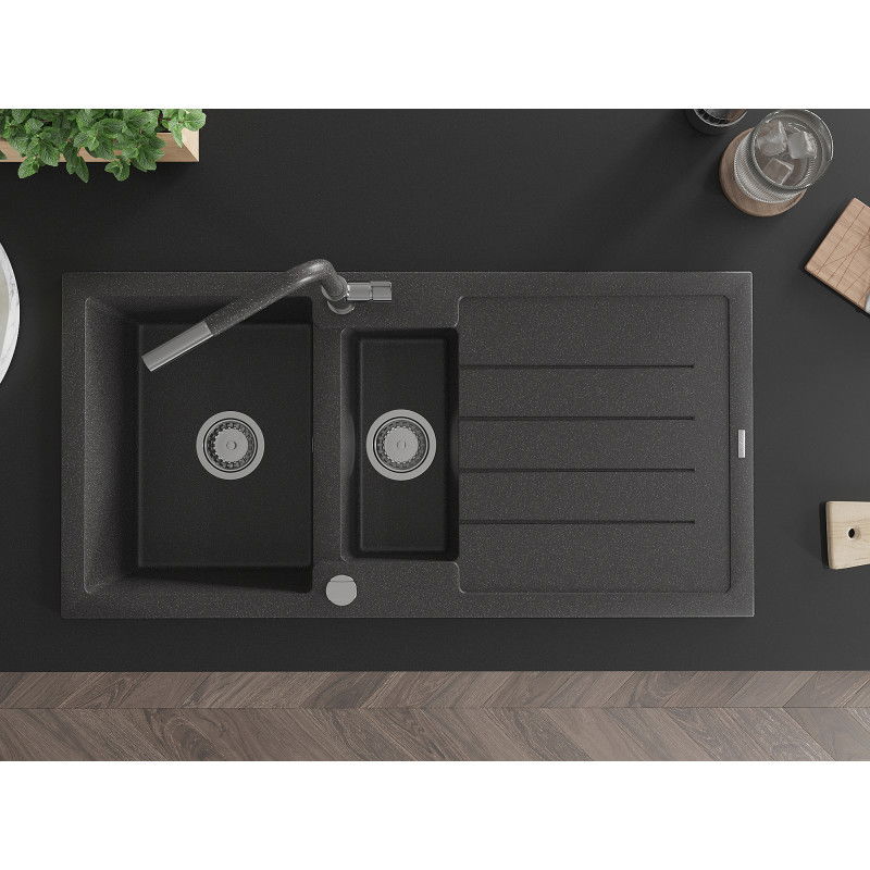 Mexen Andres granitinis 1,5 kamerų plautuvė su nutekėjimu ir virtuviniu maišytuvu Flora, juodas dėmėtas - 6515-76-670401-08