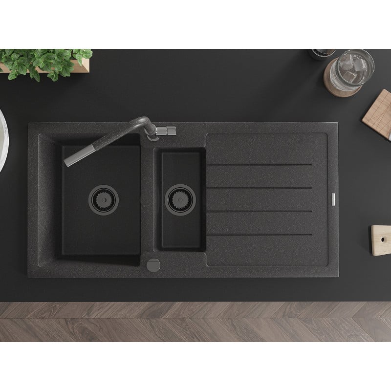 Mexen Andres granitinė 1,5 skylių plautuvė su lašintuvu ir virtuvės maišytuvu Flora, juoda su taškeliais