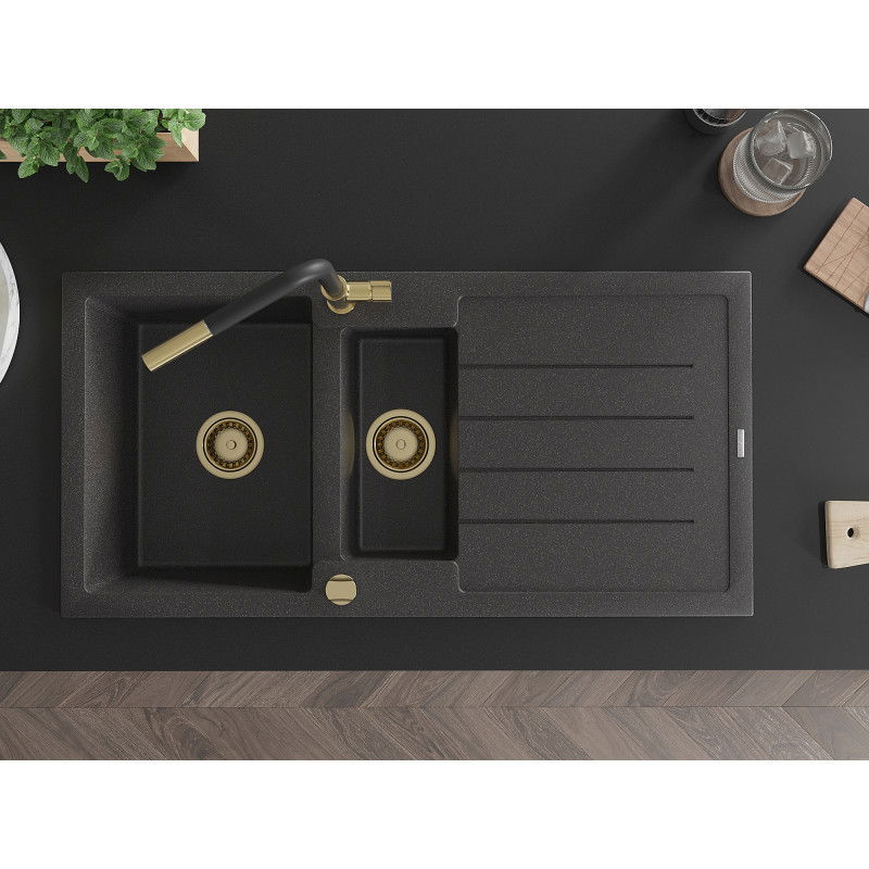 Mexen Andres granitinė 1,5 kamerų plautuvė su nusausintuvu ir maišytuvu Flora, juoda dėmėta - 6515-76-670401-57-G