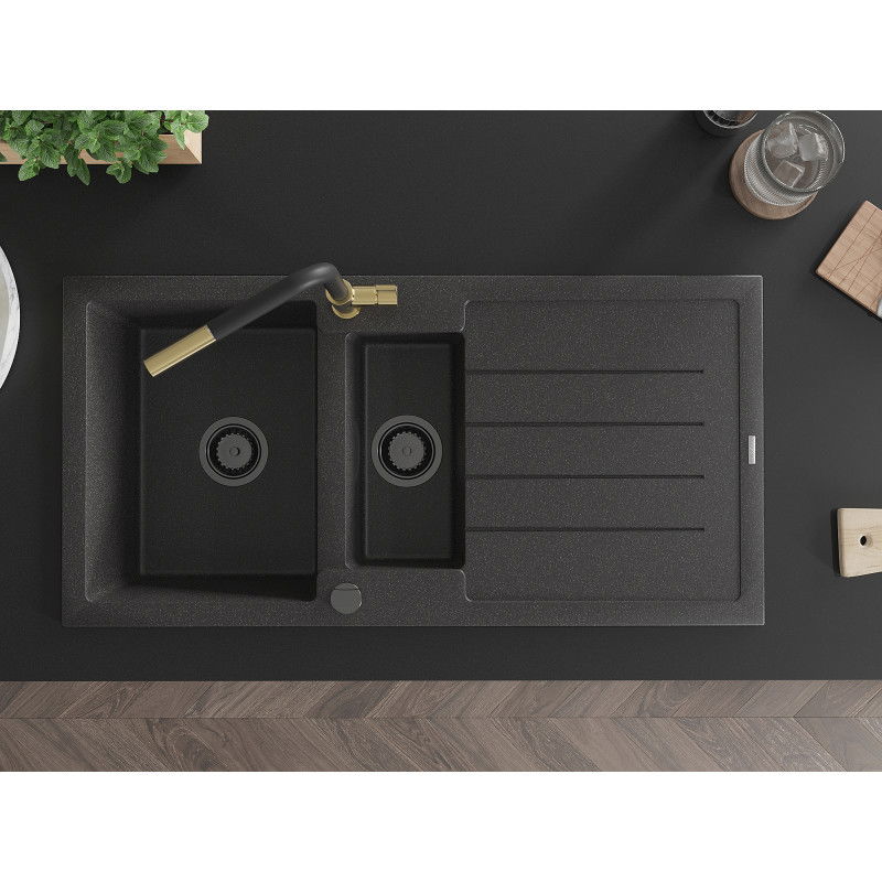 Mexen Andres granito plautuvė 1,5 kamerų su varvekliu ir virtuviniu maišytuvu Flora, juoda taškuota - 6515-76-670401-57-B