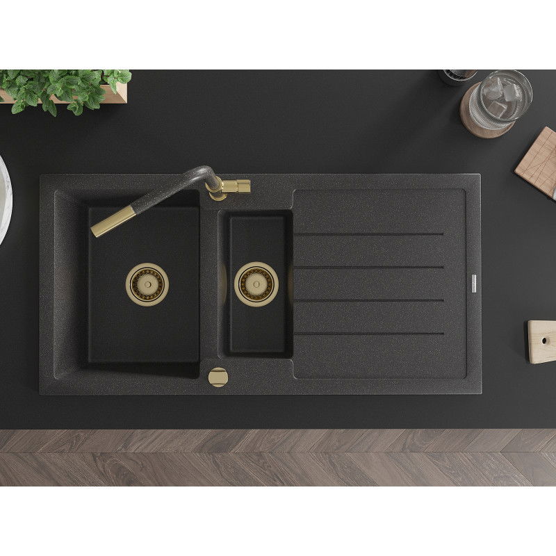 Mexen Andres granito plautuvė su 1,5 dubenimis, džiovykla ir Flora virtuviniu maišytuvu, juoda dėmėta - 6515-76-670401-75-G