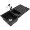 Mexen Andres granito plautuvė 1,5 skyrių su nutekėjimu ir Flora virtuvės maišytuvu, juoda - 6515-77-670401-07