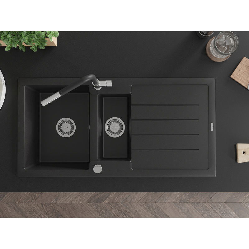 Mexen Andres granito plautuvė 1,5 skyrių su nutekėjimu ir Flora virtuvės maišytuvu, juoda - 6515-77-670401-07