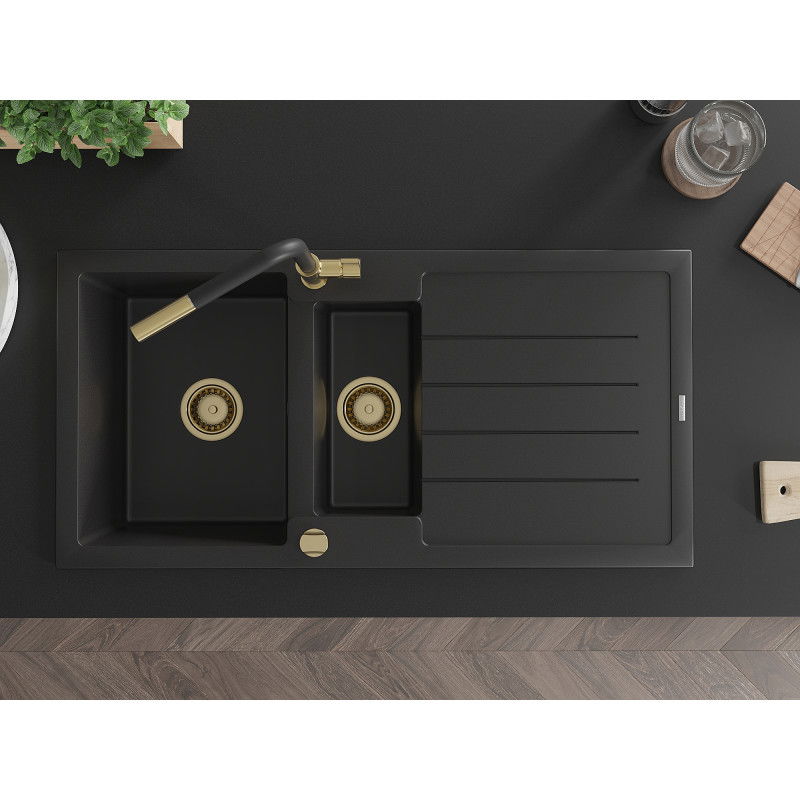 Mexen Andres granito plautuvė 1,5 kamerų su džiovykle ir virtuvės maišytuvu Flora, juoda - 6515-77-670401-57-G