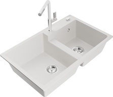 Mexen Tomas granito plautuvė 2 kamerų su virtuviniu maišytuvu Flora, balta - 6516-20-670401-02