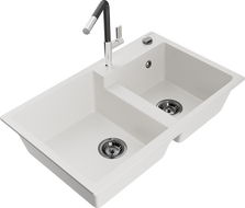 Mexen Tomas granito dviejų kamerų virtuvės plautuvė su Flora maišytuvu, balta - 6516-20-670401-07-B