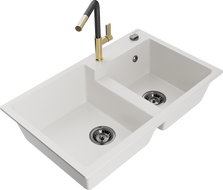 Mexen Tomas granito kriauklė su dviem kameromis ir Flora virtuvės maišytuvu, balta - 6516-20-670401-57-B