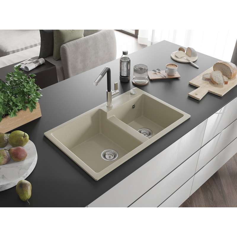 Mexen Tomas 2 kamerų granito kriauklė su Flora virtuves maišytuvu, smėlinė - 6516-69-670401-07