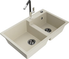 Mexen Tomas granitinė dviejų skyrių plautuvė su virtuviniu maišytuvu Flora, smėlio spalvos - 6516-69-670401-07-B