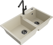 Mexen Tomas granito plautuvė 2 kamerų su virtuviniu maišytuvu Flora, smėlio - 6516-69-670401-70-B