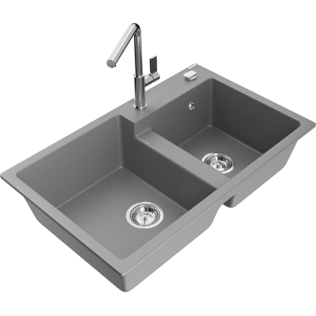 Mexen Tomas dviejų skylių akmens masės plautuvė su Flora virtuviniu maišytuvu, pilka - 6516-71-670401-00
