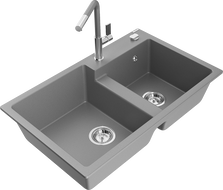 Mexen Tomas granitinė dviejų skyrių plautuvė su Flora virtuviniu maišytuvu, pilka - 6516-71-670401-06