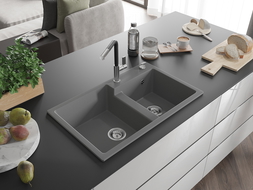 Mexen Tomas granitinė dviejų skyrių plautuvė su virtuviniu maišytuvu Flora, pilka - 6516-71-670401-07