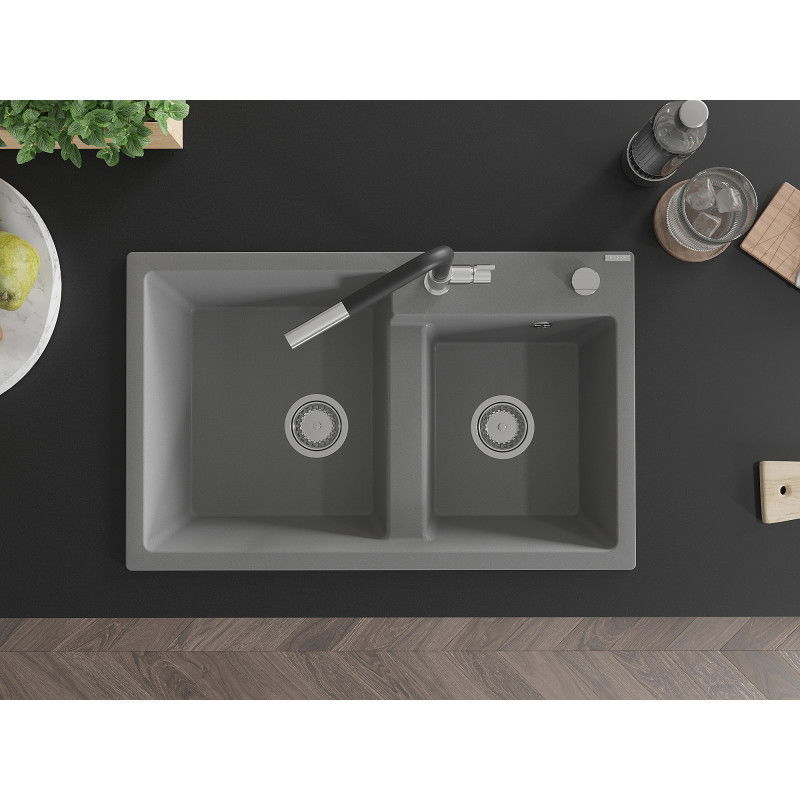 Mexen Tomas granitinė dviejų skyrių plautuvė su virtuviniu maišytuvu Flora, pilka - 6516-71-670401-07