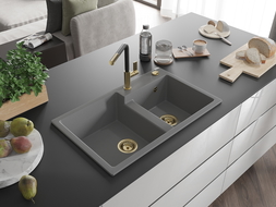 Mexen Tomas granito plautuvė su 2 sekcijomis ir virtuviniu maišytuvu Flora, pilka - 6516-71-670401-57-G